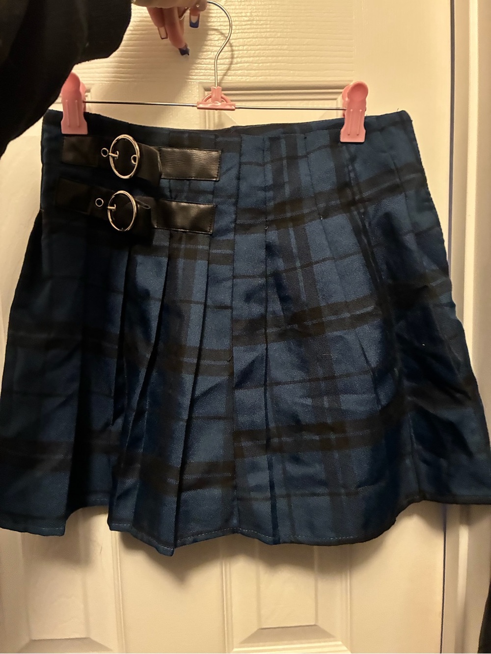 Forever 21 Blue and Black Plaid Pleated Mini Skirt with Buckle Straps